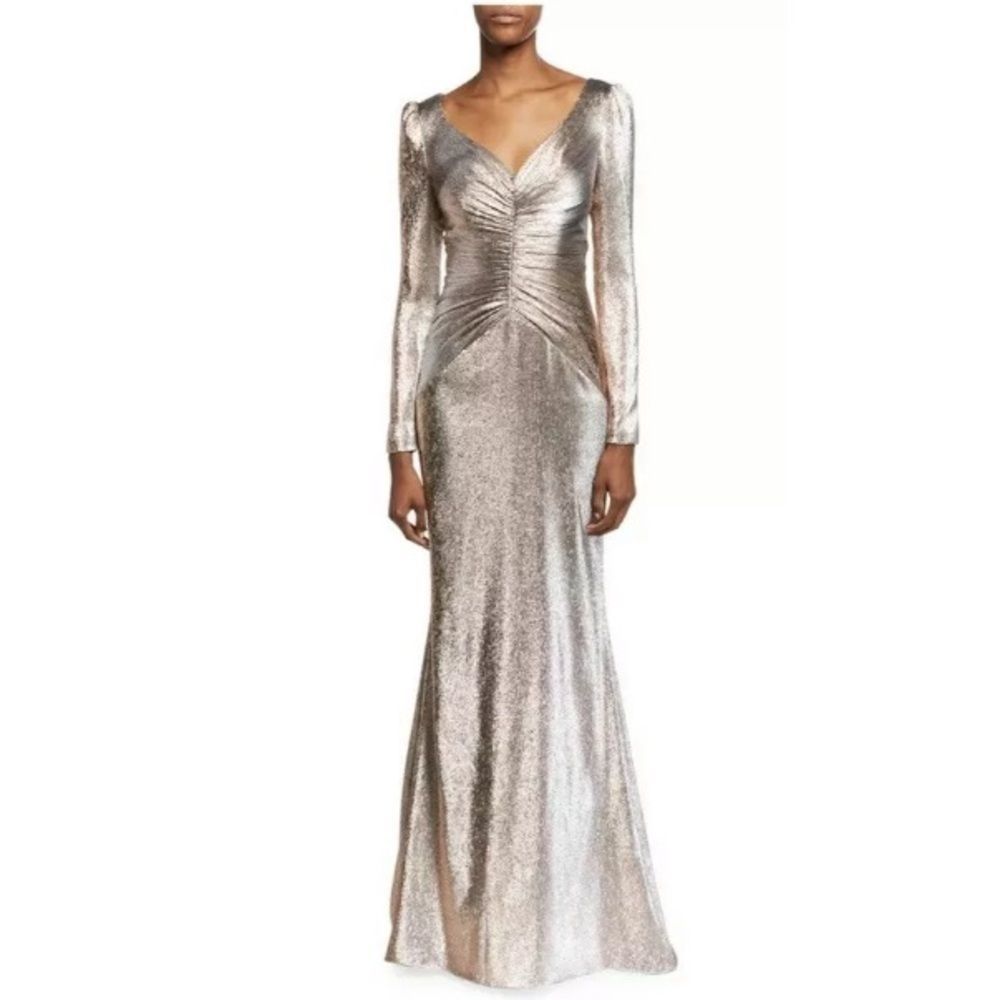 THEIA Ruched Metallic Lame Long Sleeve V Neck Gown US 14 $995
